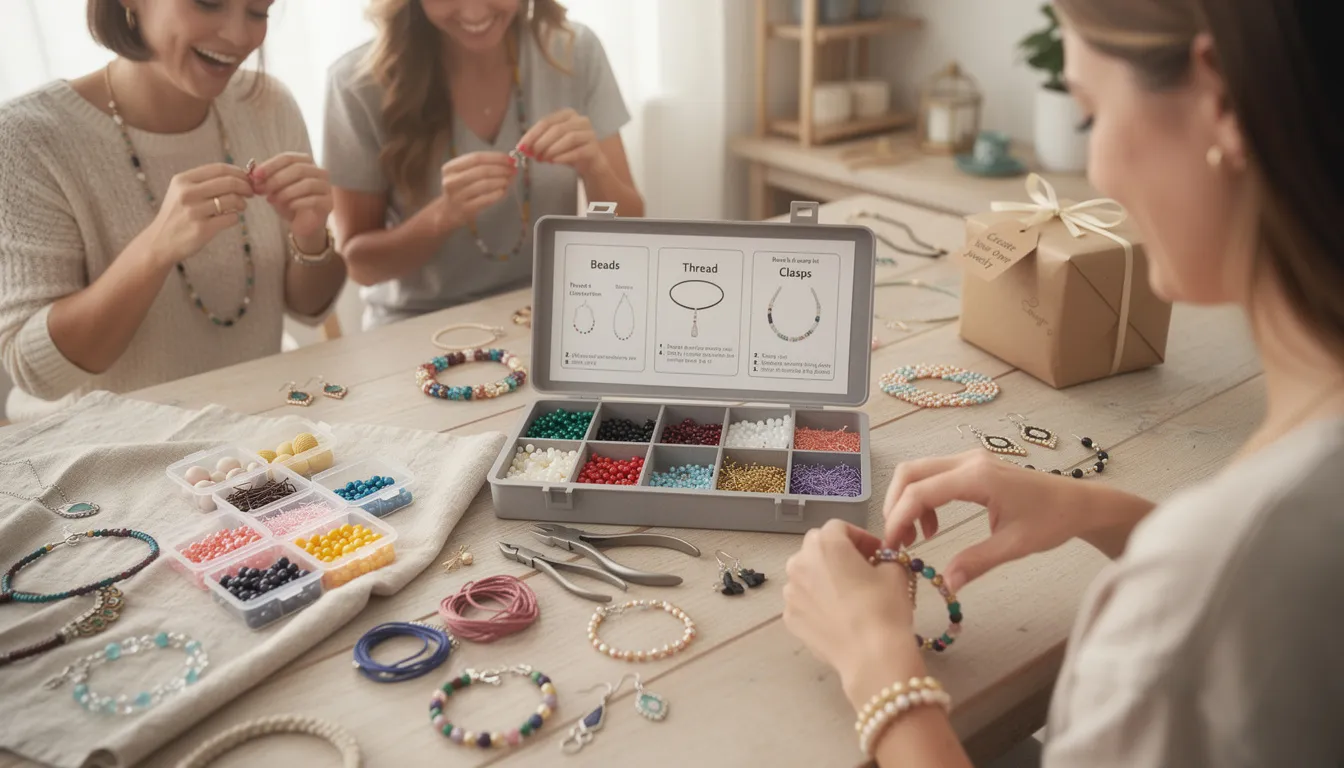 The image showcases a variety of beading kits, including jewellery making kits and bracelet kits, displaying an extensive range of colorful beads, clasps, and findings. These kits come with complete materials and easy-to-follow instructions, making them perfect for beginners and those looking to explore their creativity through jewellery making.