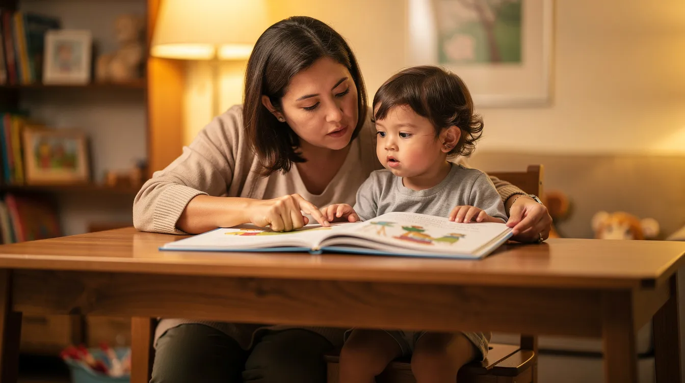 A parent and a young child sit together at a desk, engrossed in an open storybook in a warmly lit room, fostering literacy skills and reading comprehension. This nurturing moment highlights the importance of explicit instruction and the joy of language learning in child development.