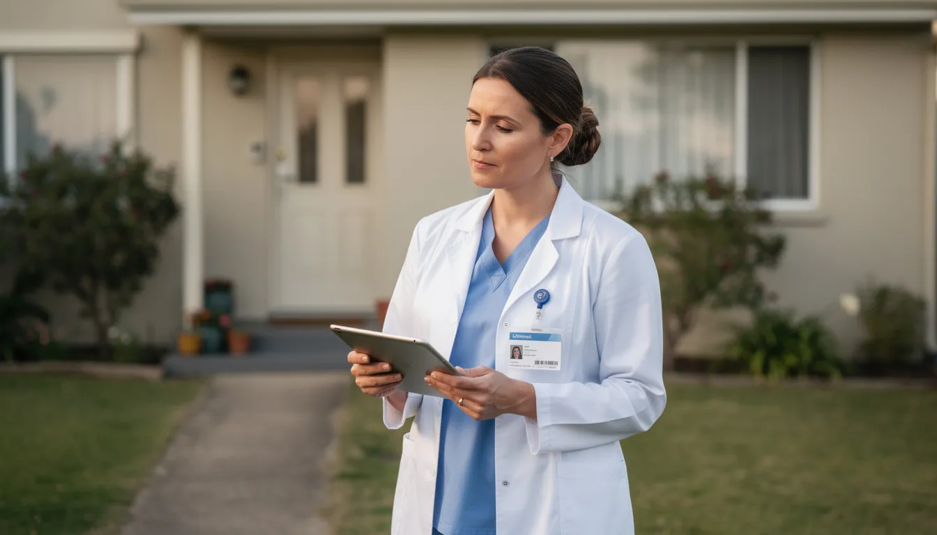 Une infirmière en blouse blanche utilise une tablette numérique devant la maison d'un patient, illustrant l'importance de la gestion des soins et des dossiers patients dans le quotidien des infirmiers libéraux. Cet outil moderne facilite la prise en charge et la transmission des informations médicales.