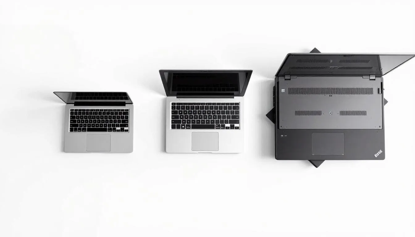 L'image montre une comparaison de différents ordinateurs portables, mettant en évidence leurs tailles et poids respectifs, ce qui aide à choisir le meilleur modèle selon les besoins professionnels. Les ordinateurs présentés incluent des options haut de gamme avec des processeurs Intel Core et AMD Ryzen, adaptés pour les commerciaux et les consultants en déplacement.