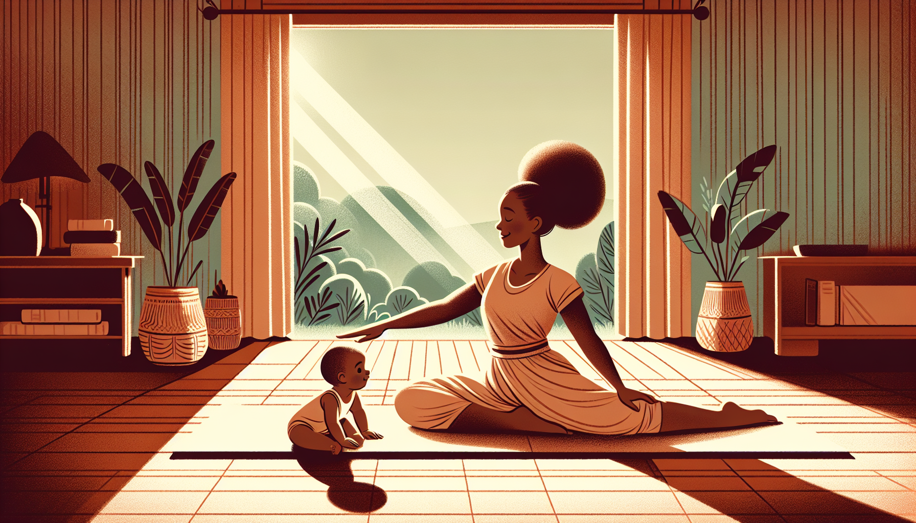 Illustration of a new mom performing gentle yoga with her baby in a peaceful environment