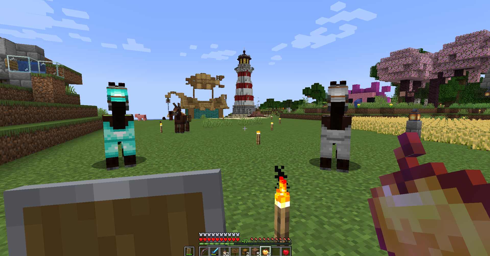 Two nearby horses.
