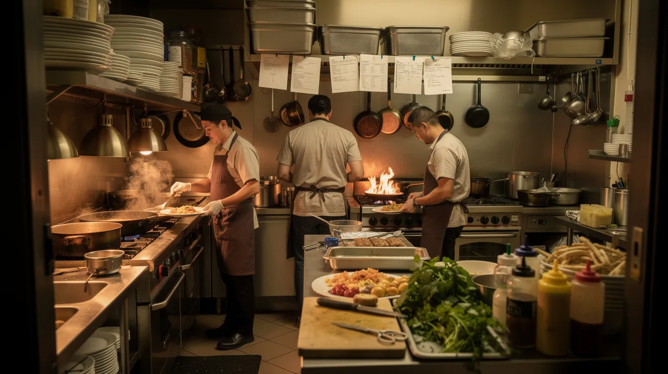 The image depicts a bustling small restaurant kitchen where staff are actively engaged in food preparation, surrounded by various cooking equipment. This vibrant scene showcases the hard work and dedication of micro enterprises in the food processing sector, highlighting the importance of financial assistance for small businesses under schemes like the Mudra Yojana.