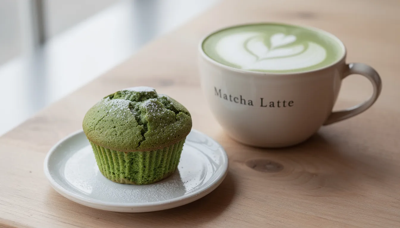 Auf dem Bild ist ein einzelner saftiger Matcha-Muffin auf einem kleinen Teller zu sehen, der neben einer Tasse cremigem Matcha Latte platziert ist. Der Muffin hat eine leuchtend grüne Farbe, die durch das Matcha-Pulver entsteht, und bietet einen köstlichen Snack für Liebhaber von süßen Leckereien.