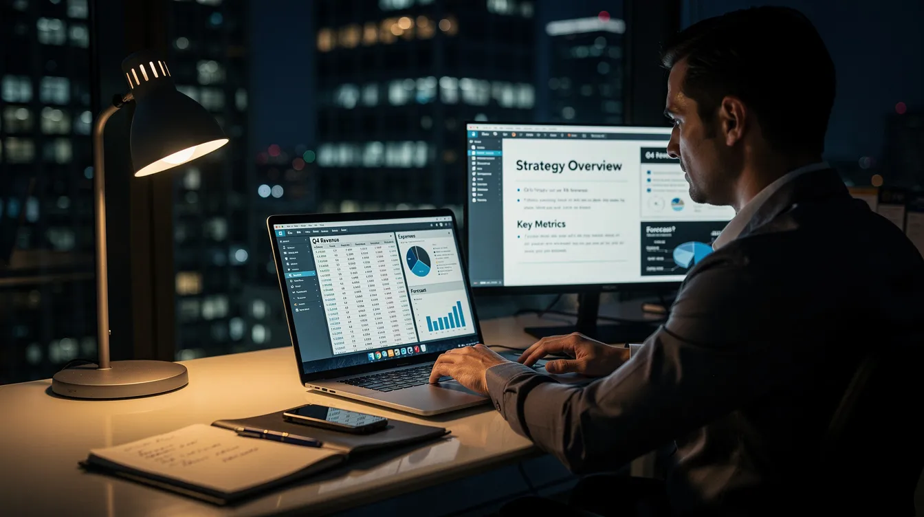 A business professional is working late at a laptop, focused on spreadsheets and presentation slides that display various charts and graphs. The scene highlights the importance of presenting data clearly to engage stakeholders and convey valuable insights effectively.