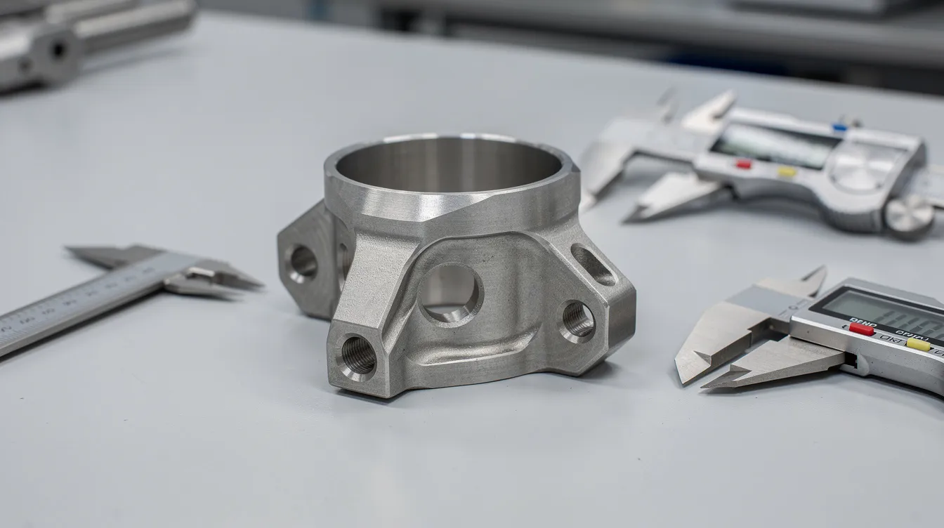 A precision-machined titanium aerospace fitting rests on a clean workbench, accompanied by calipers and various measurement tools, highlighting the meticulous nature of aerospace CNC machining. This image represents the high standards of precision manufacturing essential in the aerospace industry, showcasing the capabilities of CNC machining services and the importance of tight tolerance machining.