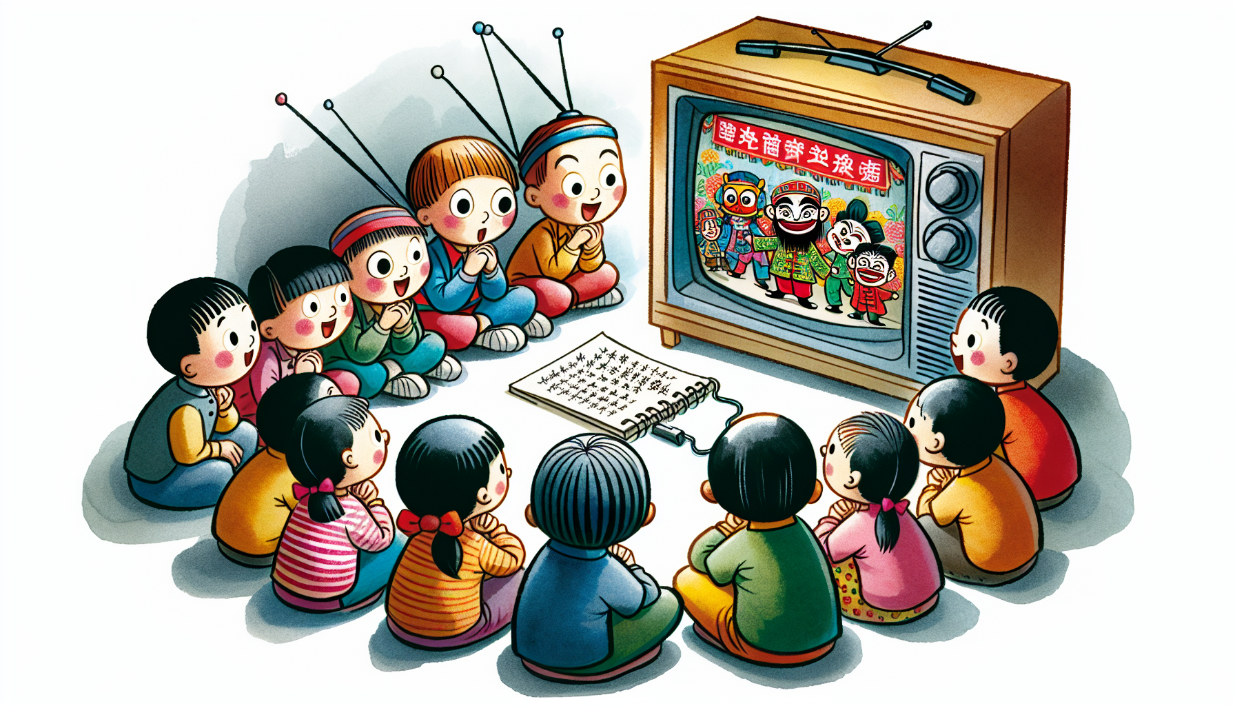 Cartoon of children watching an educational Chinese program