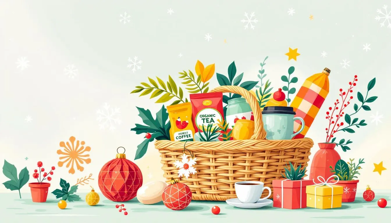 An eco-friendly tea and coffee lovers basket filled with organic beverages.