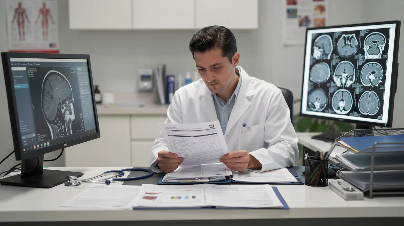 A person is seated at a desk, intently reviewing medical documents and imaging scans, which suggests they may be preparing for a discussion about serious injuries related to a car accident. This scene highlights the importance of thorough documentation in personal injury cases, such as those handled by a car accident lawyer in Castle Rock.