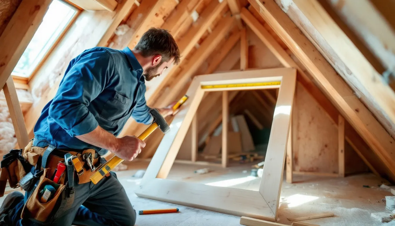 Een vakman is druk bezig met de montage van een kunststof dakkapel kozijn, waarbij hij nauwkeurig de afmetingen en plaatsing controleert. Op de achtergrond is de buitenkant van een huis zichtbaar, dat wordt gerenoveerd met nieuwe dakkapellen voor betere isolatie en frisse lucht.