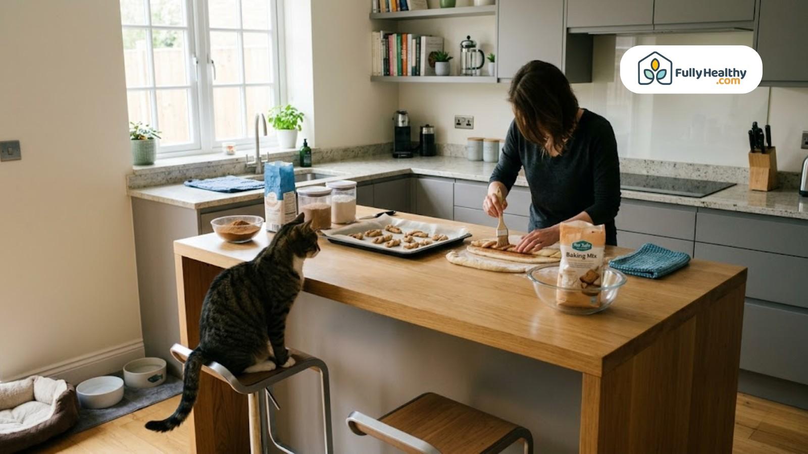 Cat watching woman prepare dough treats on kitchen island countertop