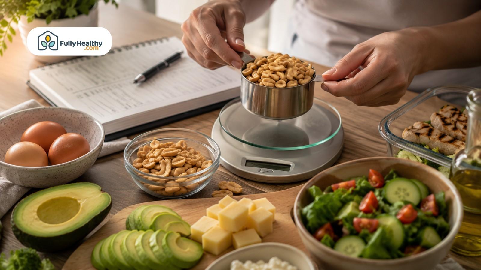 Hands measuring peanuts with kitchen scale beside eggs, avocado, cheese, and salad