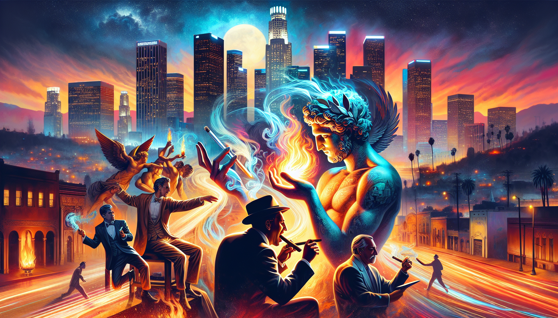 A creative illustration depicting the Prometheus collaboration and its connection to the City of Angels and Angelenos cigars.