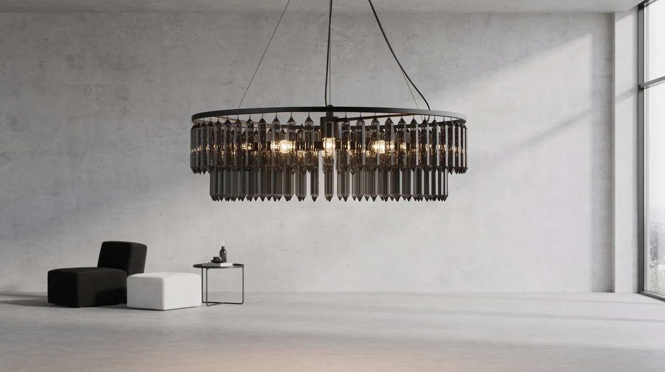 En modern svart kristallkrona hänger elegant i ett minimalistiskt rum, prydd med rökfärgade prismor som reflekterar ljuset på ett vackert sätt. Den stora takkronan skapar en exklusiv atmosfär och fungerar som en stilren belysning i hemmet.