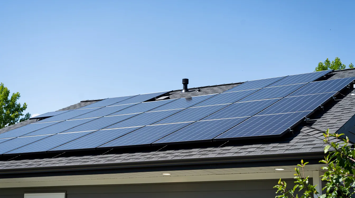 The image shows a residential roof adorned with solar panels under a clear blue sky, highlighting the use of solar energy for energy efficiency. This setup can significantly reduce power consumption and provides a sustainable alternative to traditional energy sources.