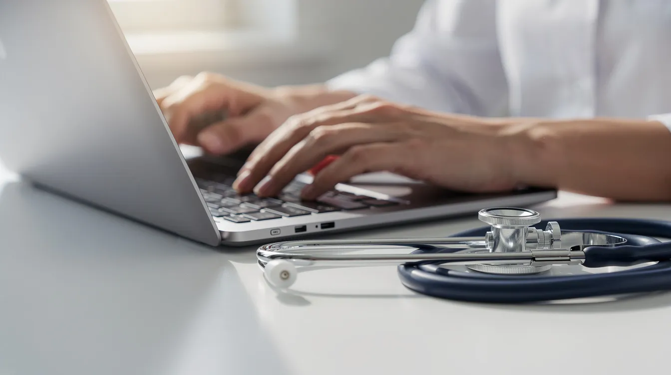 A close-up view of hands typing on a laptop keyboard, with a stethoscope placed on the desk nearby, symbolizing the connection between technology and healthcare, particularly in medical coding and billing processes. This image reflects the work of medical coders and the importance of accurate coding in managing patient records and ensuring proper reimbursement.