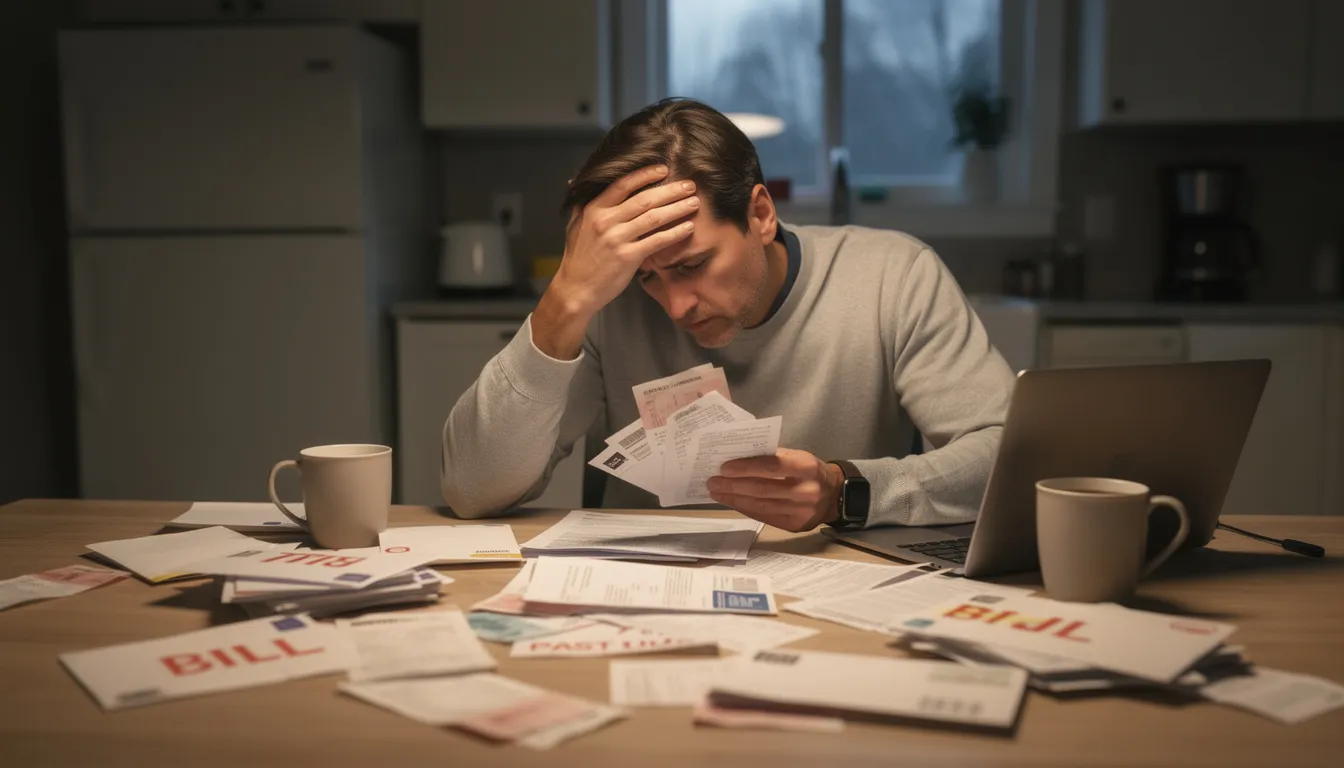 The image shows a stressed individual sitting at a kitchen table, surrounded by paperwork and bills, as they review their medical expenses and personal injury claim related to a car accident. This scene highlights the financial pressure and the challenges faced by injury victims when dealing with insurance companies and their common delay tactics.