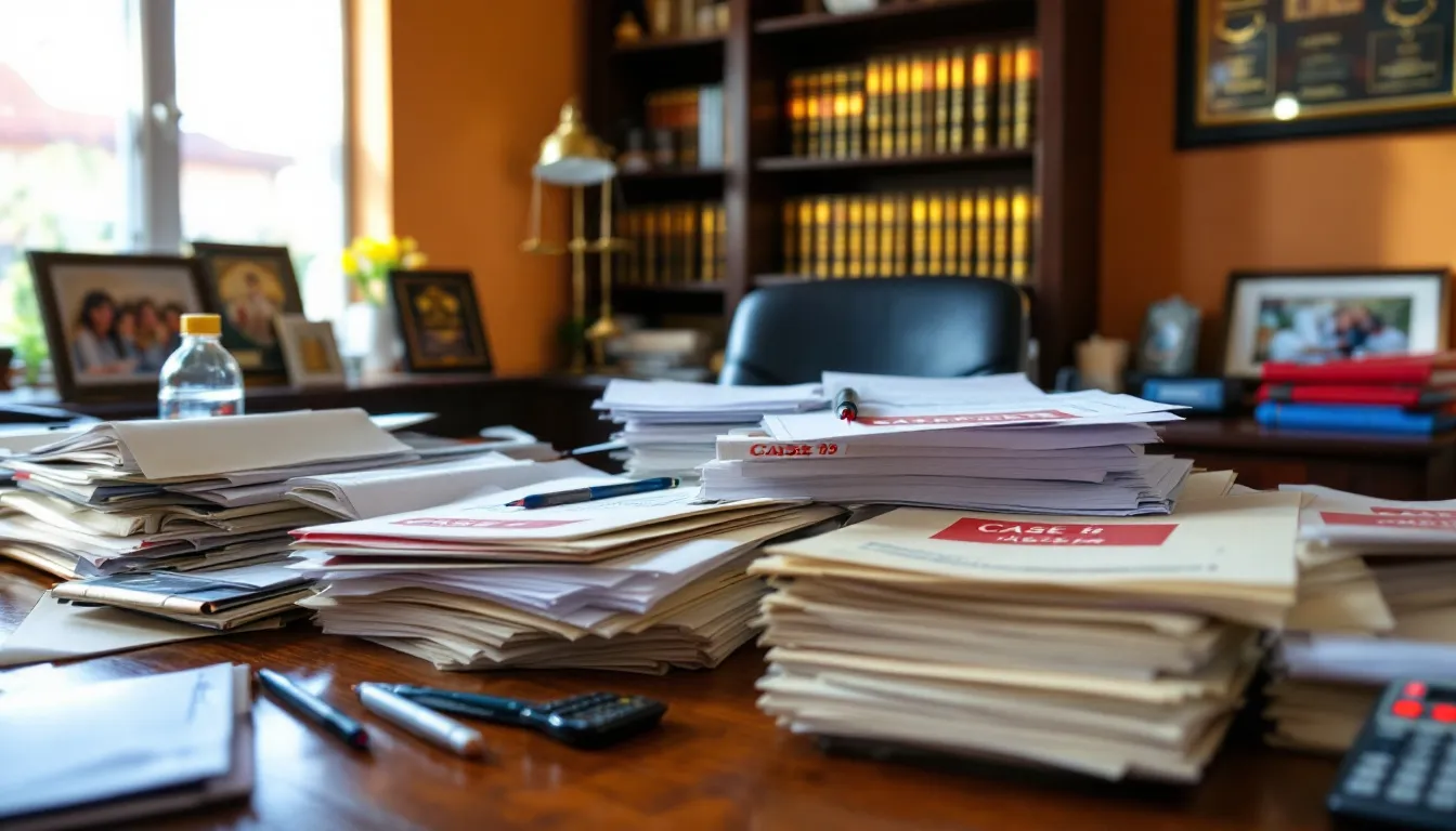 The image depicts a collection of law files, including documents related to lease agreements and landlord-tenant law, stacked neatly on a desk. These files represent the legal matters and obligations that property owners and landlords must manage in relation to their rental properties.