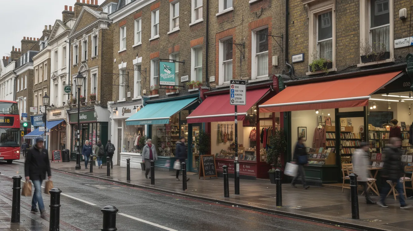 The image depicts a vibrant London high street bustling with pedestrians as they walk past various small shops, showcasing a lively urban atmosphere. Among the storefronts, there are signs for money transfer services and currency exchange services, reflecting the city's role in foreign exchange operations.