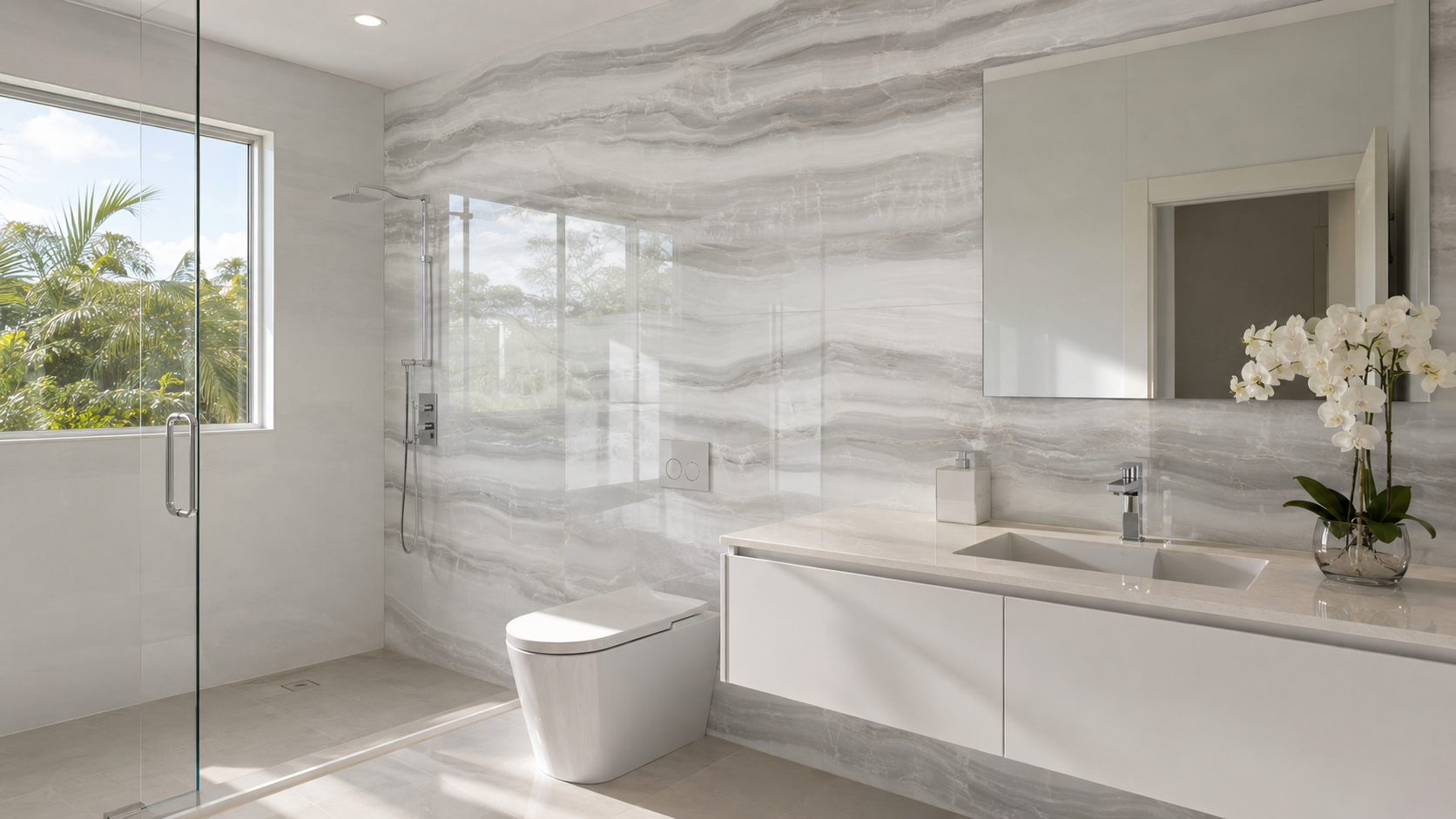 The image showcases a compact bathroom featuring a seamless finish with white subway tiles on the shower walls and small hexagon tiles on the shower floor, all complemented by matching grout that creates a cohesive look. Natural light illuminates the space, enhancing the modern aesthetic and making the small room feel more open and inviting.