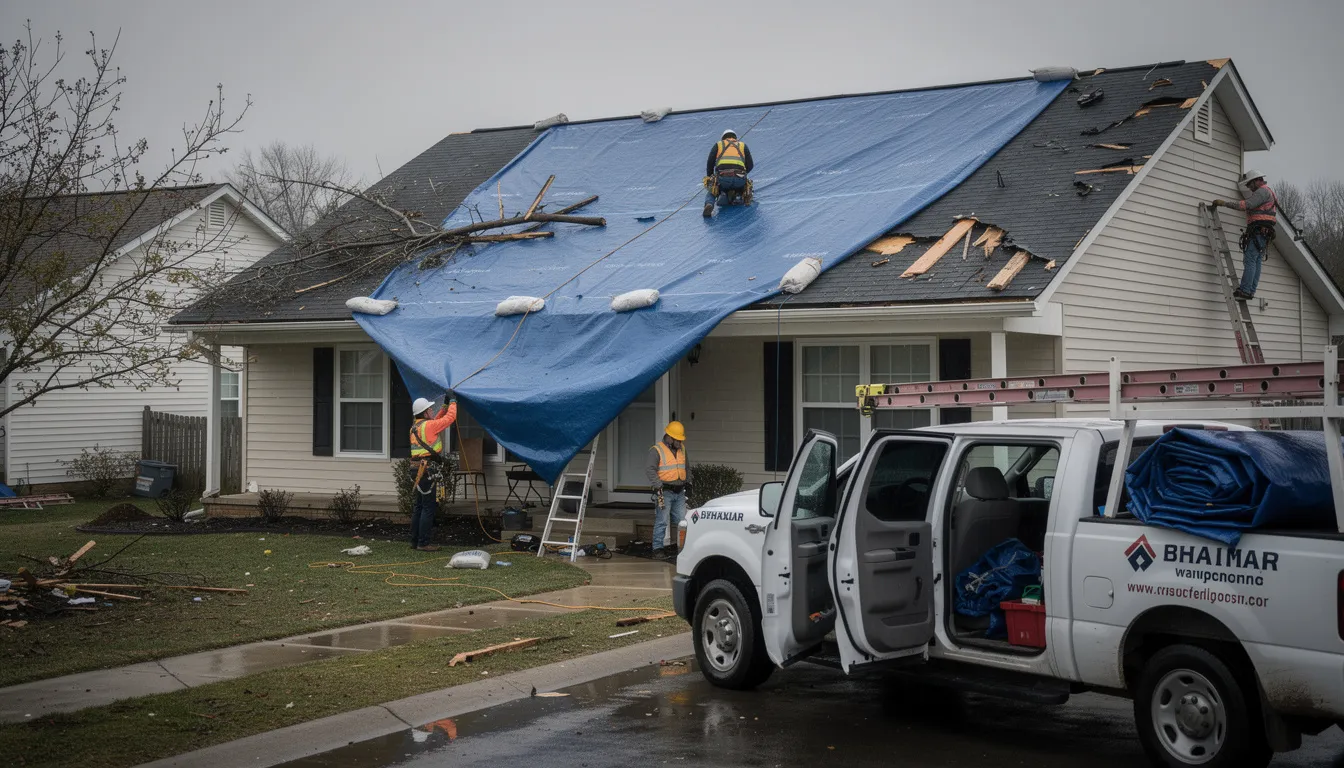 A team of professionals is on site installing protective tarps on a storm-damaged residential roof to prevent further water damage and restore the property to its pre-loss condition. Their critical work is part of emergency response efforts following the disaster, ensuring safety and protection for the home.