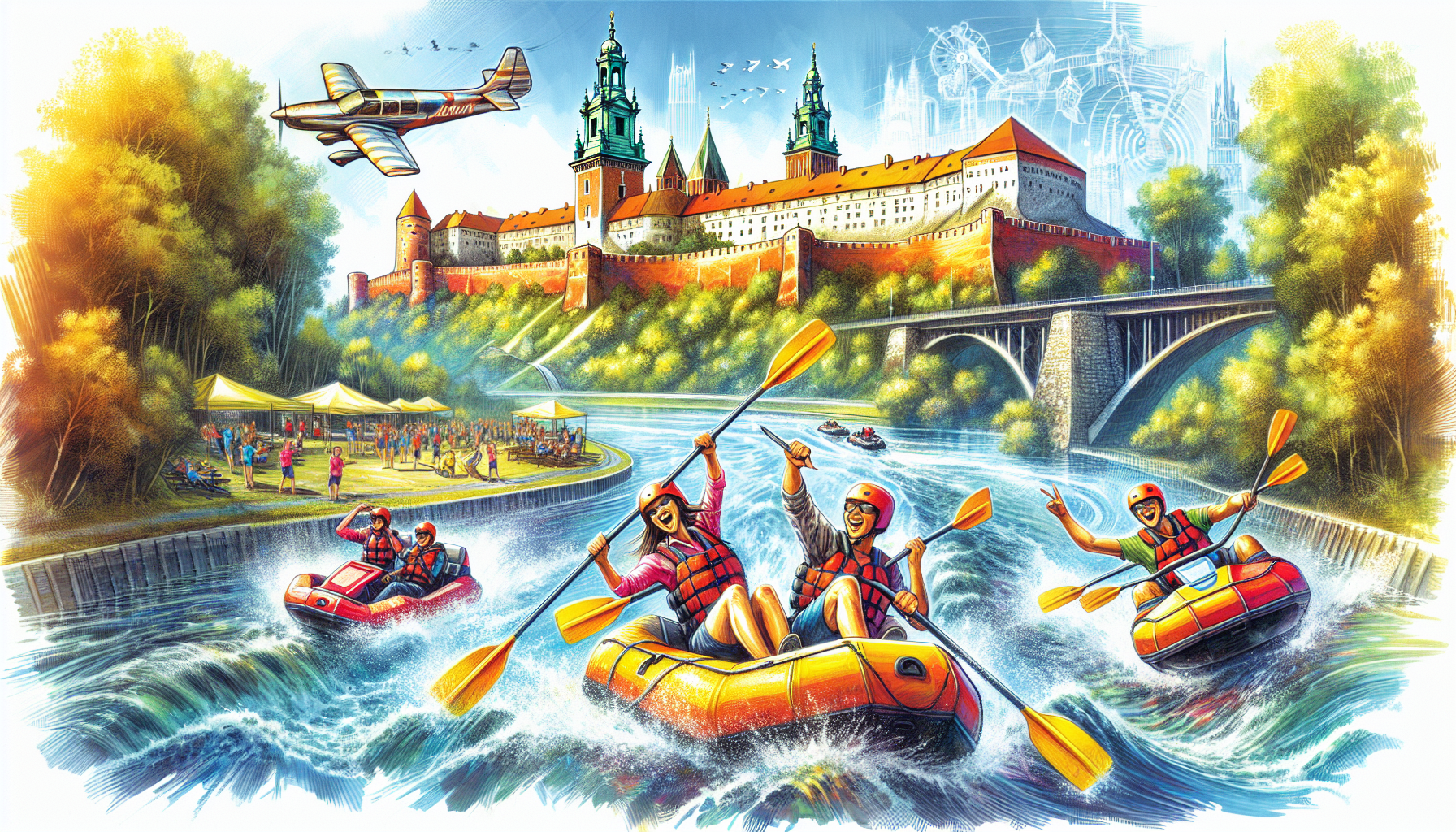 An exciting illustration depicting various adrenaline-pumping activities available in Krakow for stag parties.