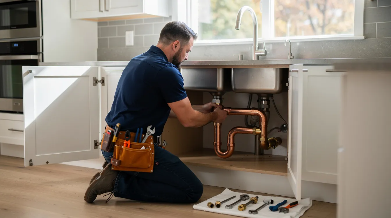 A professional plumber in uniform is kneeling under a kitchen sink, replacing copper pipes in a bright, modern home. This image showcases the skilled plumbing services provided to address plumbing needs efficiently and ensure excellent customer service.