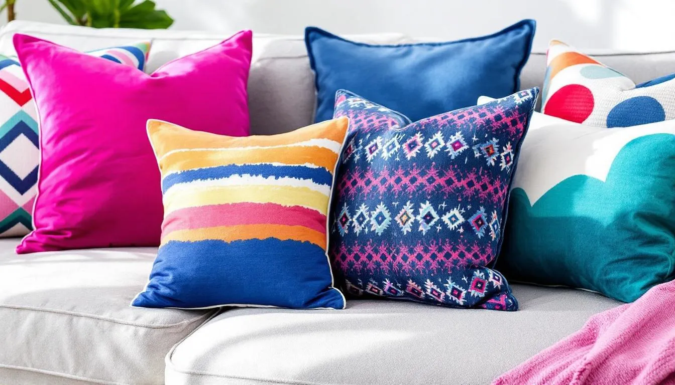 A collection of vibrant custom throw pillows showcasing various textures and colors, illustrating the power of custom pillows in interior design.