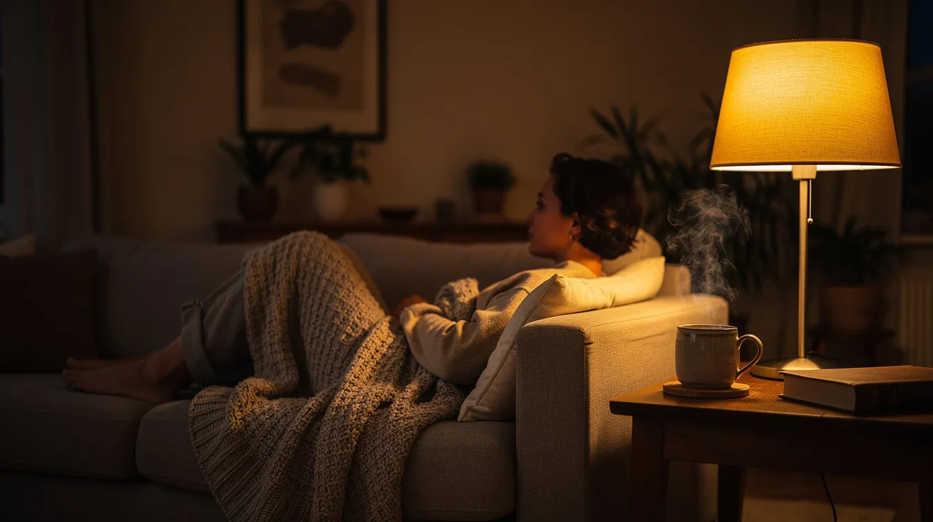 A person is lounging comfortably on a couch, wrapped in a cozy blanket, as warm evening light fills the room. Next to them on a side table is a warm drink, creating a serene atmosphere perfect for relaxation after a day of exploring the therapeutic benefits of naturally occurring cannabinoids like THCA and THCP.