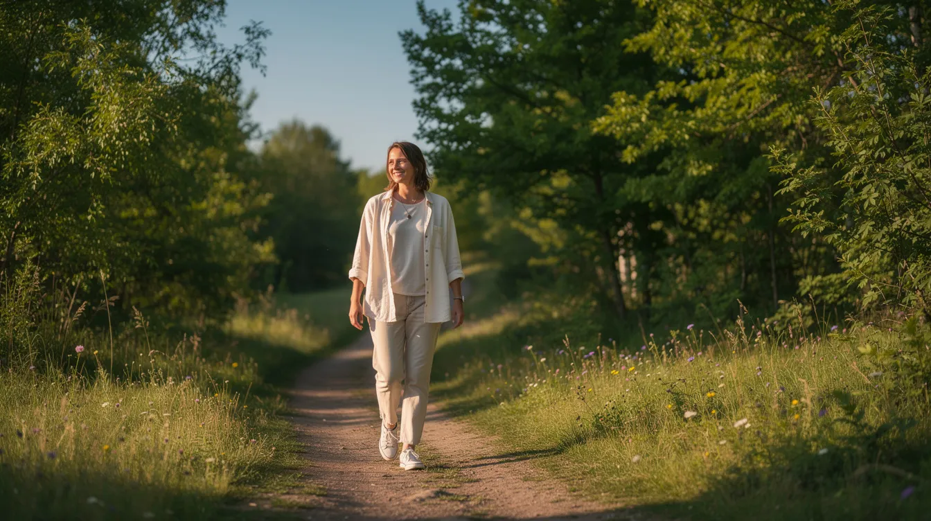 Eine Person genießt einen entspannten Spaziergang in der Natur, umgeben von grünen Bäumen und blühenden Pflanzen. Diese ruhige Umgebung kann helfen, Stress abzubauen und das allgemeine Wohlbefinden zu fördern, was sich positiv auf das Sexualleben und das Lustempfinden auswirken kann.