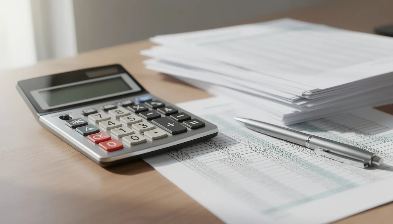 The image shows a calculator placed next to various financial documents on a desk, suggesting a focus on managing finances, possibly related to federal disability retirement or social security benefits. This setup reflects the importance of careful planning for federal employees navigating their retirement and disability options.
