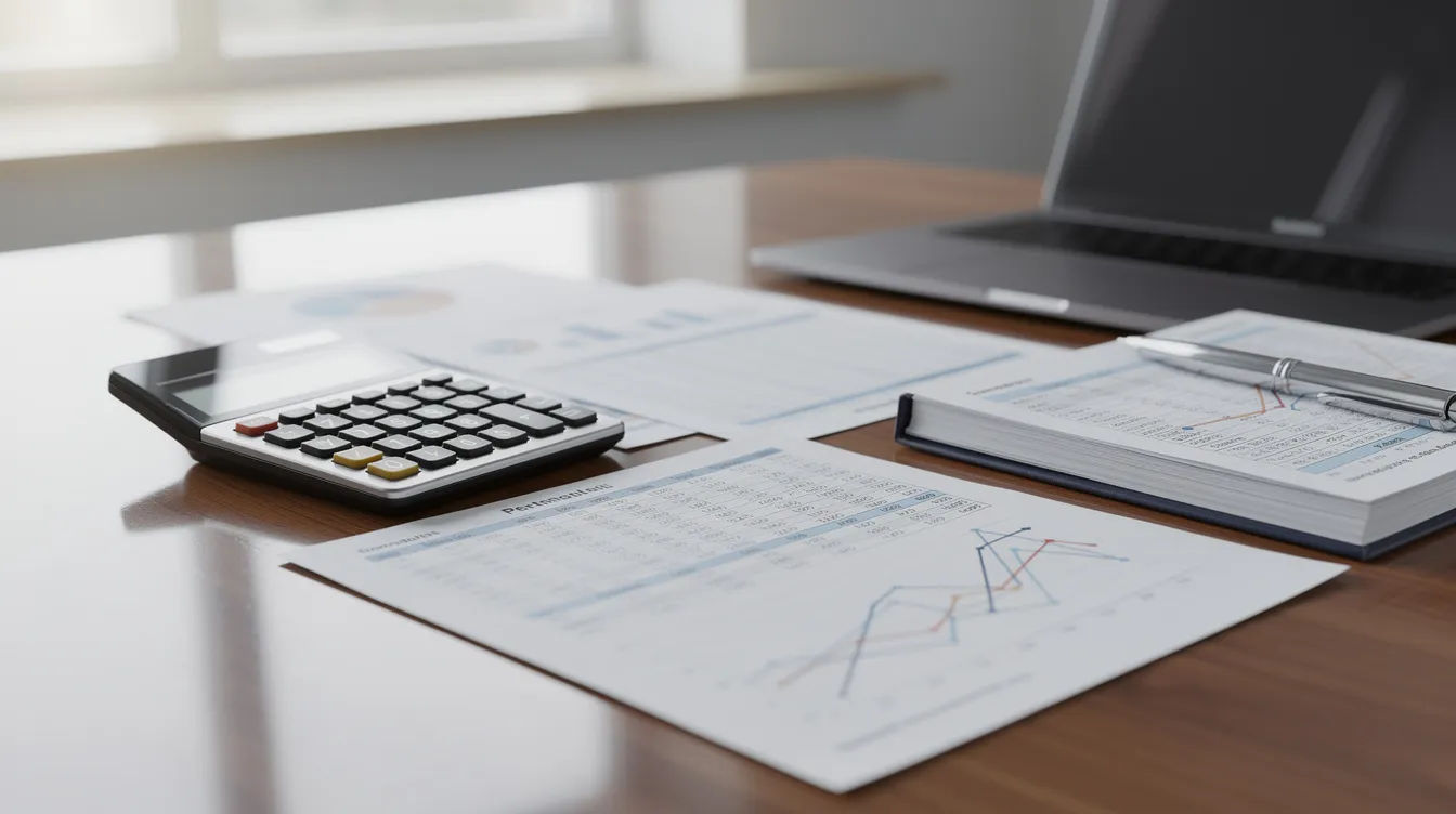 The image features a professional office desk cluttered with financial documents, a calculator, and printed spreadsheets, all essential for small business owners in the ice cream manufacturing industry. These materials could be part of a detailed project report discussing financing options, bank loans, and raw material costs for an ice cream production venture.