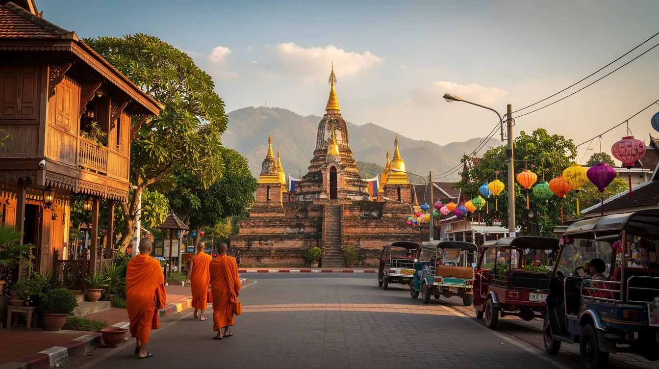 A imagem retrata a cidade de Chiang Mai, na Tailândia, com seus templos majestosos e montanhas ao fundo, onde turistas e moradores se encontram para desfrutar da vida noturna vibrante e da deliciosa comida tailandesa, como o famoso pad thai. É um destino repleto de cultura e atividades, ideal para quem busca explorar a rica tradição da região.