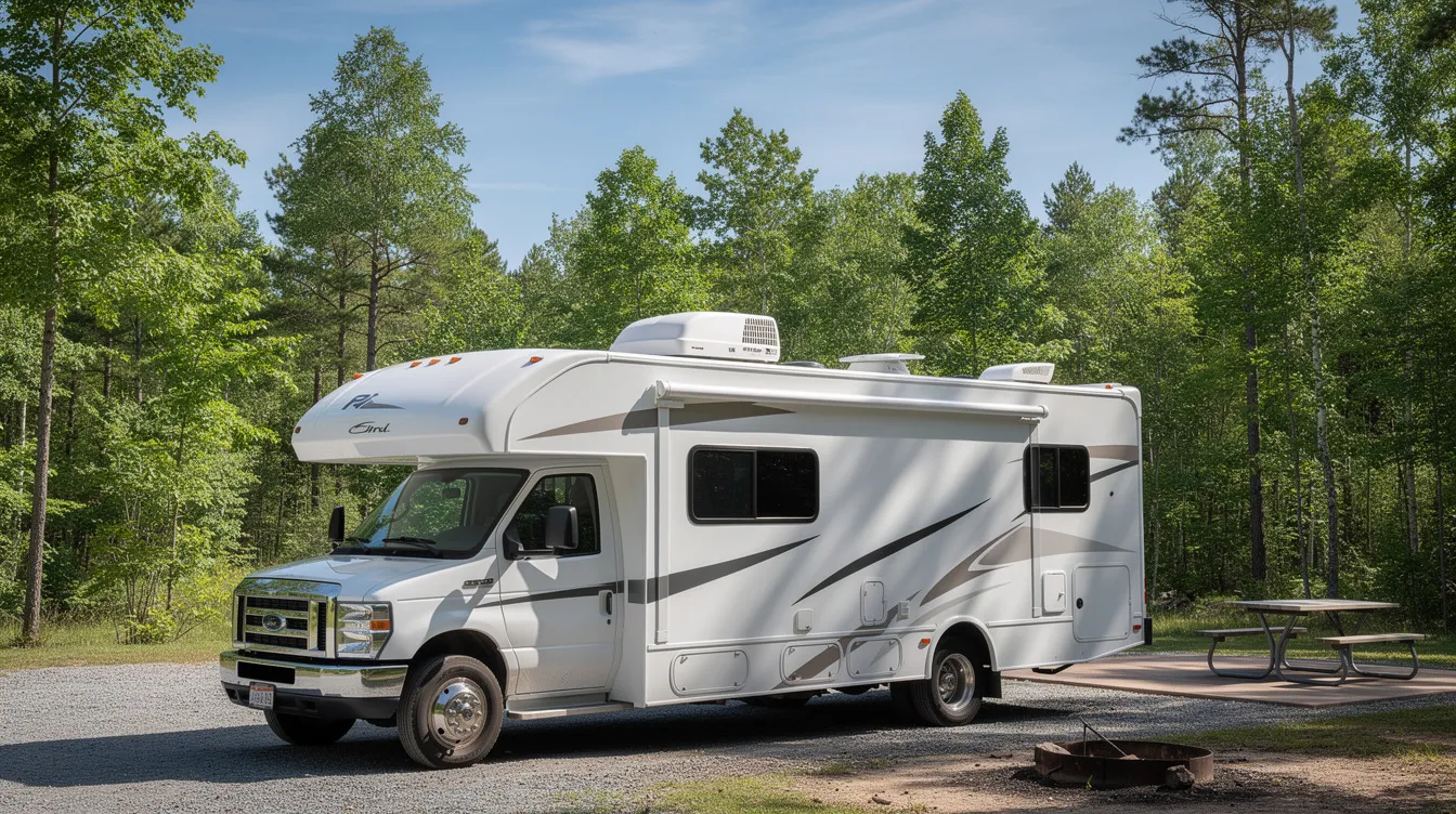 An RV is parked at a campground, showcasing a rooftop AC unit against a clear blue sky, indicating the use of air conditioning for a comfortable interior space. The rooftop air conditioner is essential for cooling the RV, especially in warmer climates.