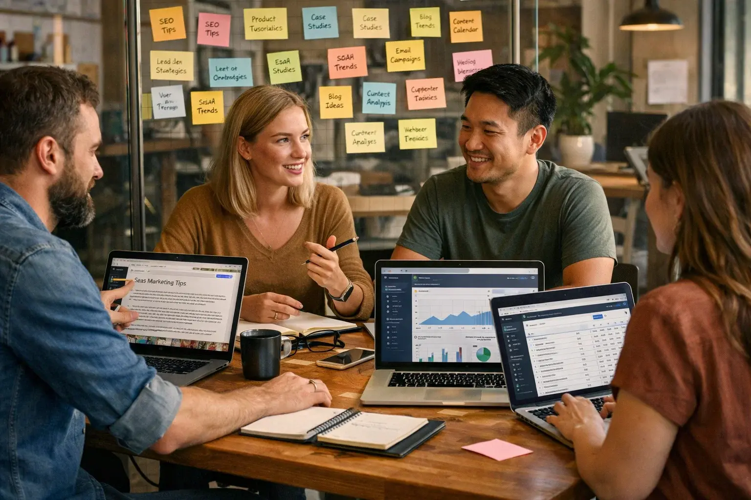 Team planning SaaS SEO content strategy using keyword research and blog planning