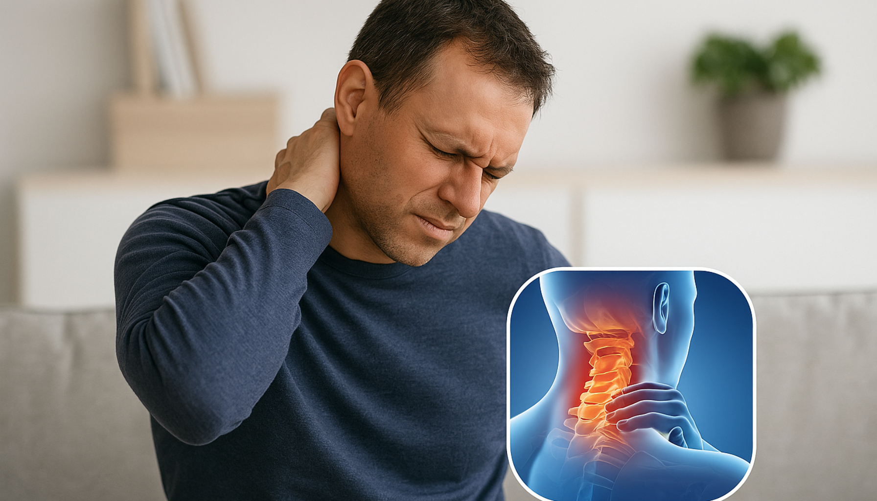 Mann som holder nakken med smerte, illustrasjon av nakke og øvre rygg med betennelse, mulig årsak og løsning på smerten.
