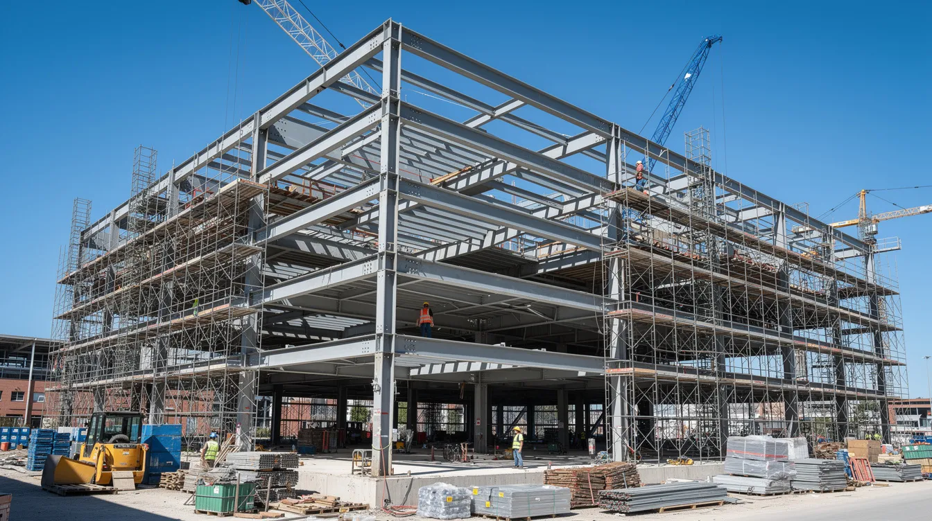 The image depicts a large commercial building under construction, showcasing steel beams and scaffolding against a clear blue sky. This construction project highlights the intricate work of contractors and subcontractors who are essential for fulfilling construction liens and ensuring secure payment for labor and materials.