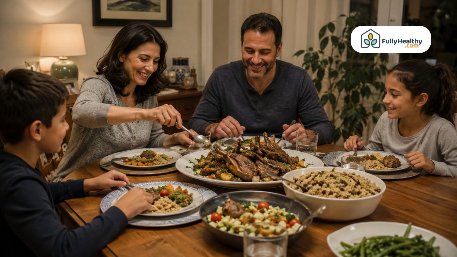 Family enjoying lamb dinner with quinoa, vegetables, and salad at home