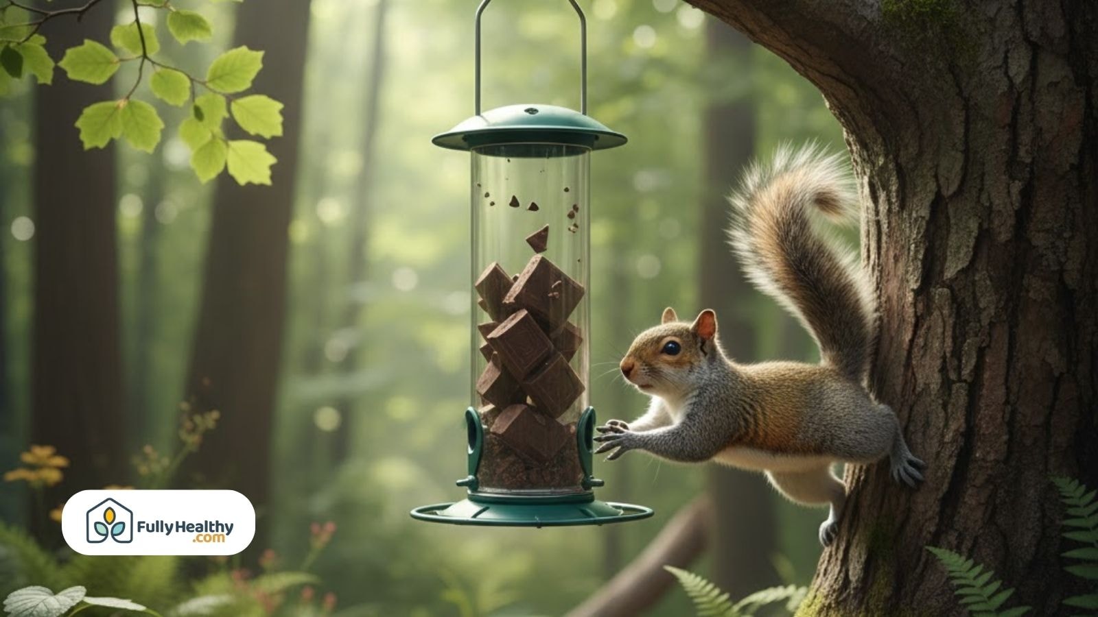 Squirrel climbing tree toward bird feeder filled with chocolate chunks
