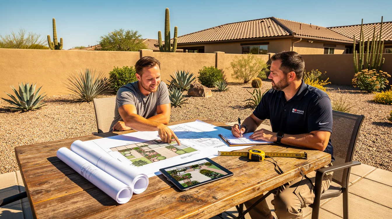 A homeowner is seated at an outdoor table in a sunny Arizona backyard, discussing landscape design plans with a contractor. The scene captures the collaboration on custom landscaping projects, showcasing the potential for creating beautiful outdoor spaces.