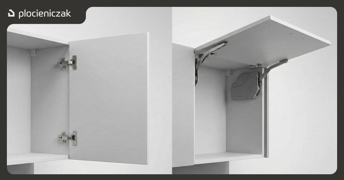 Porównanie szafki uchylnej otwieranej w bok z szafką otwieraną do góry – różnica w sposobie otwierania frontów