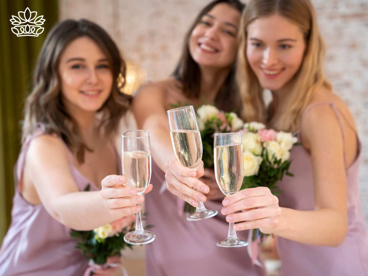 Three women holding champagne glasses and bouquets of flowers, smiling. Flowers with Champagne & Wine. Delivered with Heart. Fabulous Flowers and Gifts.