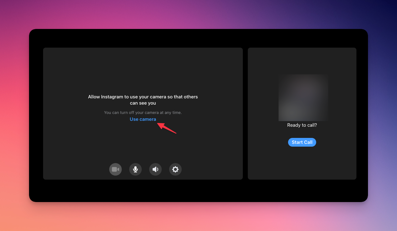 Remote.tools shows to tap on "Use Camera" button to start a video chat on Instagram web