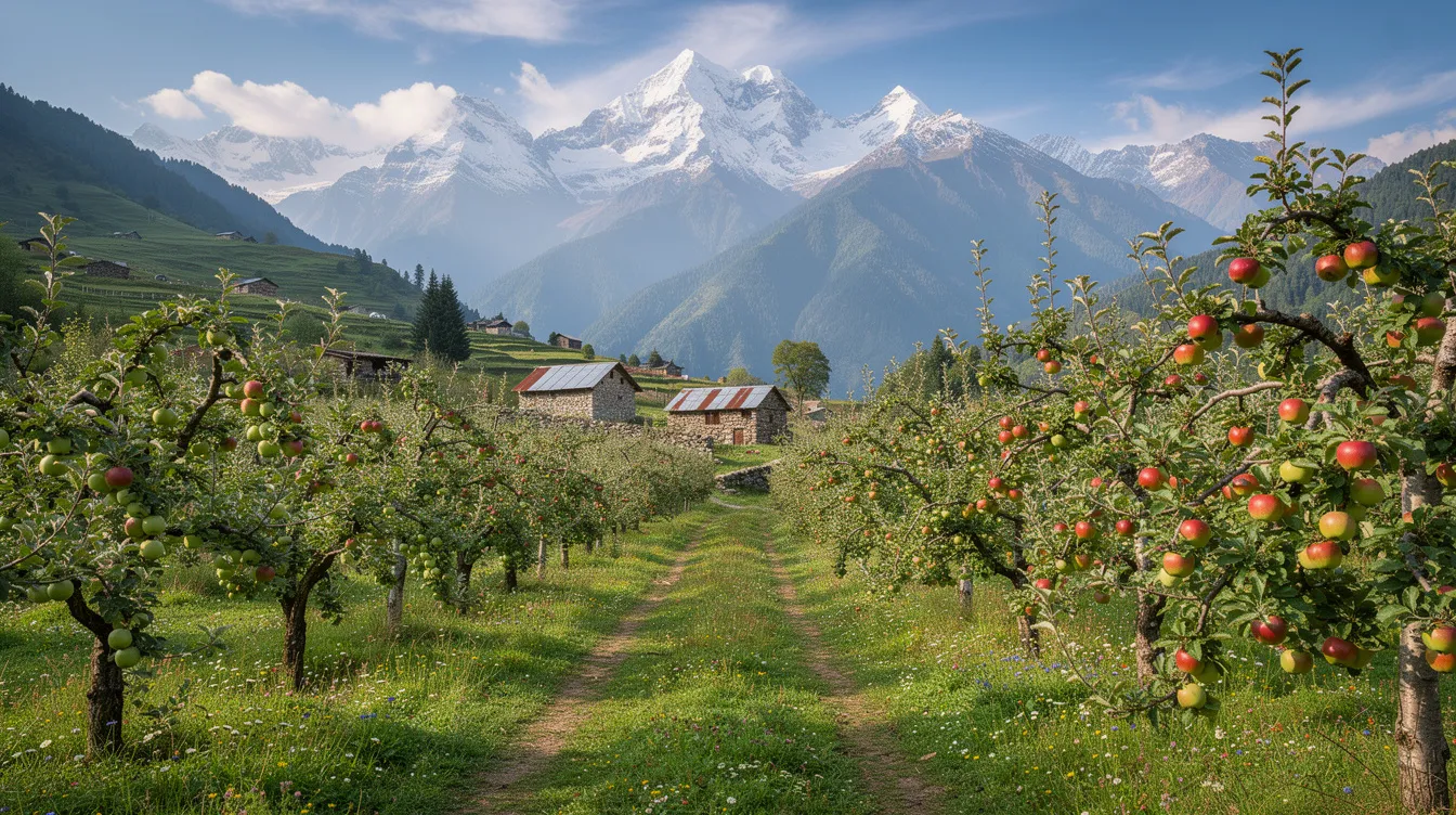 fe2cb30f c1b3 47bb 8a2f d7497f280eb0 The image depicts lush apple orchards nestled in a vibrant green Himalayan valley, with majestic snow-capped mountains rising in the background. This scenic landscape represents the potential for profitable business ideas in Himachal Pradesh, particularly in organic farming and local entrepreneurship.