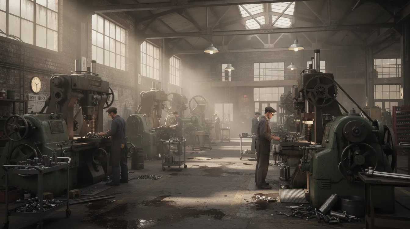 The image depicts a vintage industrial factory floor bustling with workers skillfully operating heavy machinery and mechanical equipment, showcasing their mechanical aptitude and understanding of complex mechanical systems. The environment reflects the essence of manufacturing, where physical principles and mechanical concepts are applied to ensure job performance and efficiency.