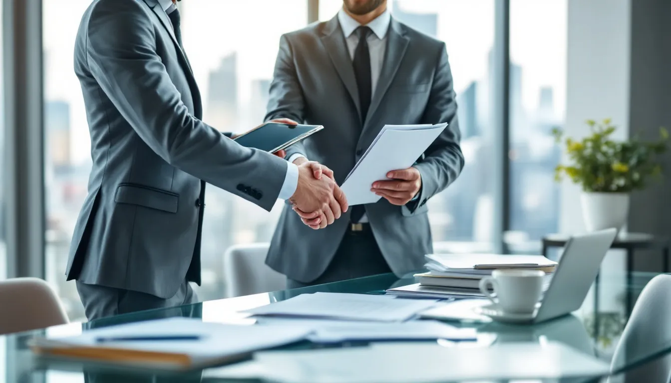 The image depicts two business professionals shaking hands over a stack of documents in a modern office, symbolizing the establishment of a business relationship and the potential signing of a non-disclosure agreement to protect confidential information. The setting conveys a sense of professionalism and collaboration.