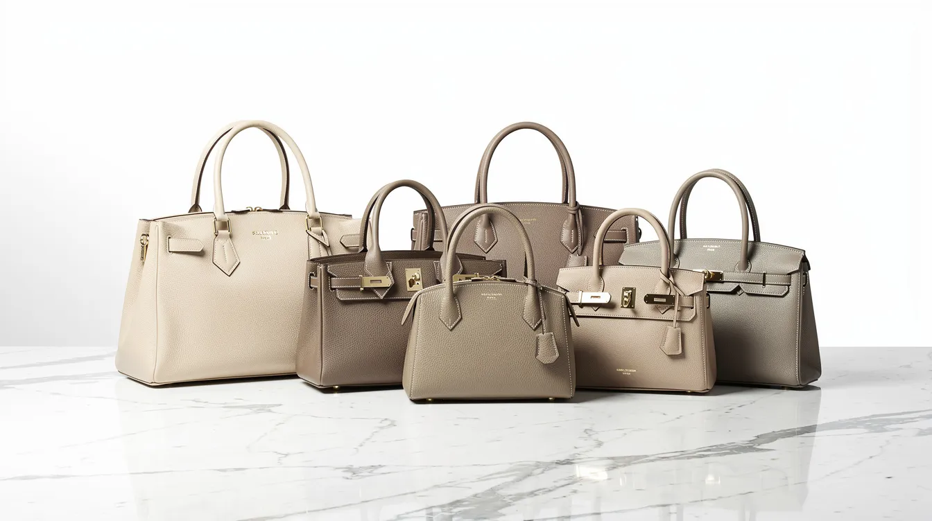 An assortment of luxury designer handbags in neutral tones, including pieces from renowned brands like Louis Vuitton and Chanel, is elegantly arranged on a pristine white marble surface, showcasing a carefully curated collection of pre-loved luxury items perfect for enhancing personal style.