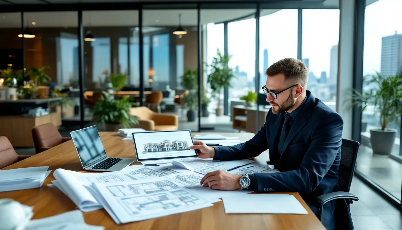 Um engenheiro civil está analisando documentos e plantas de um imóvel comercial em um escritório, focando em aspectos como valor de mercado e estado de conservação. A cena reflete a importância da avaliação imobiliária no processo de transações no mercado imobiliário.