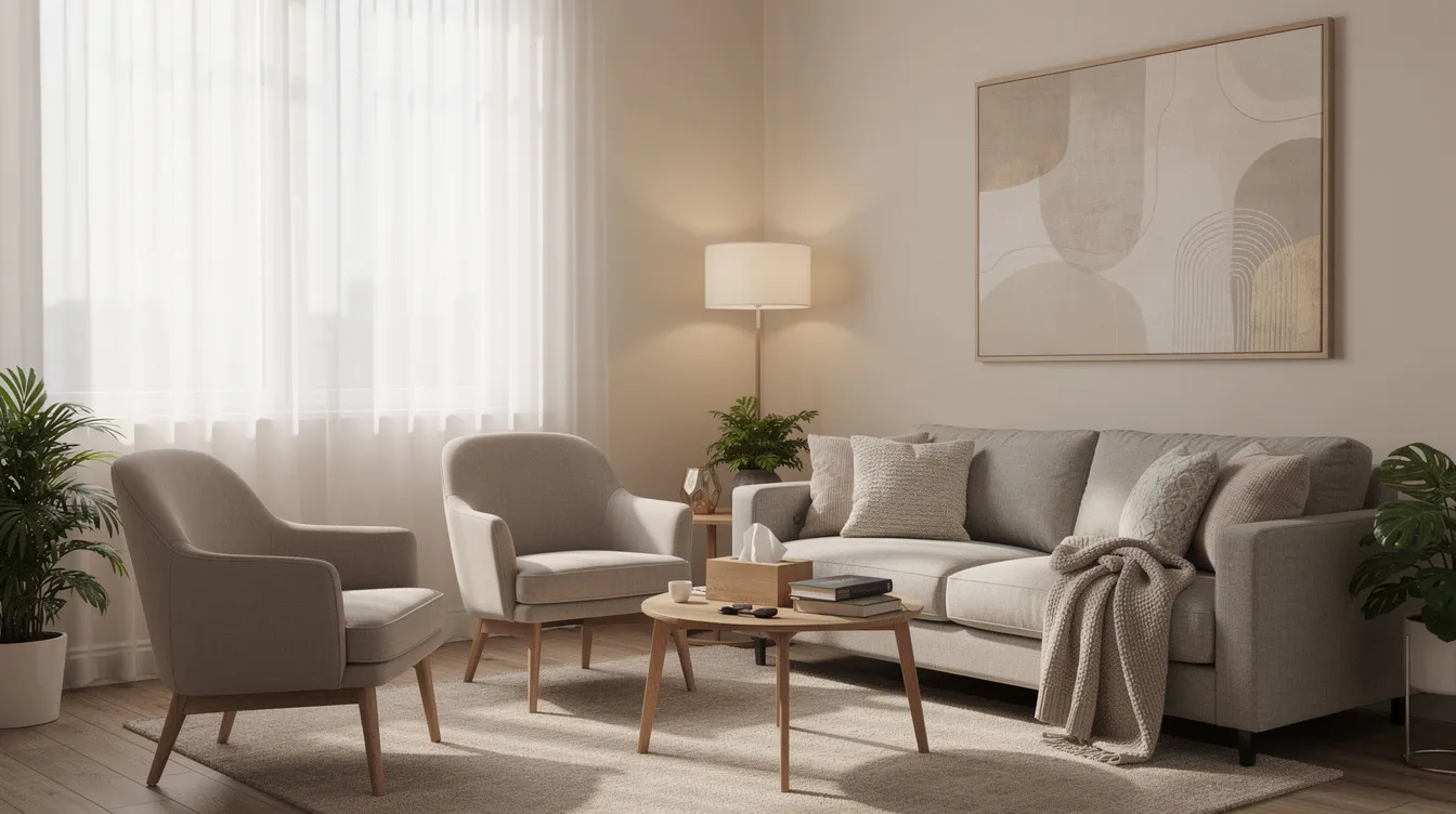 The image depicts a serene consultation room designed for mental health services, featuring comfortable seating and abundant natural light that creates a welcoming atmosphere for clients. This space is ideal for mental health professionals to provide behavioral health treatment and support for individuals facing mental health challenges.