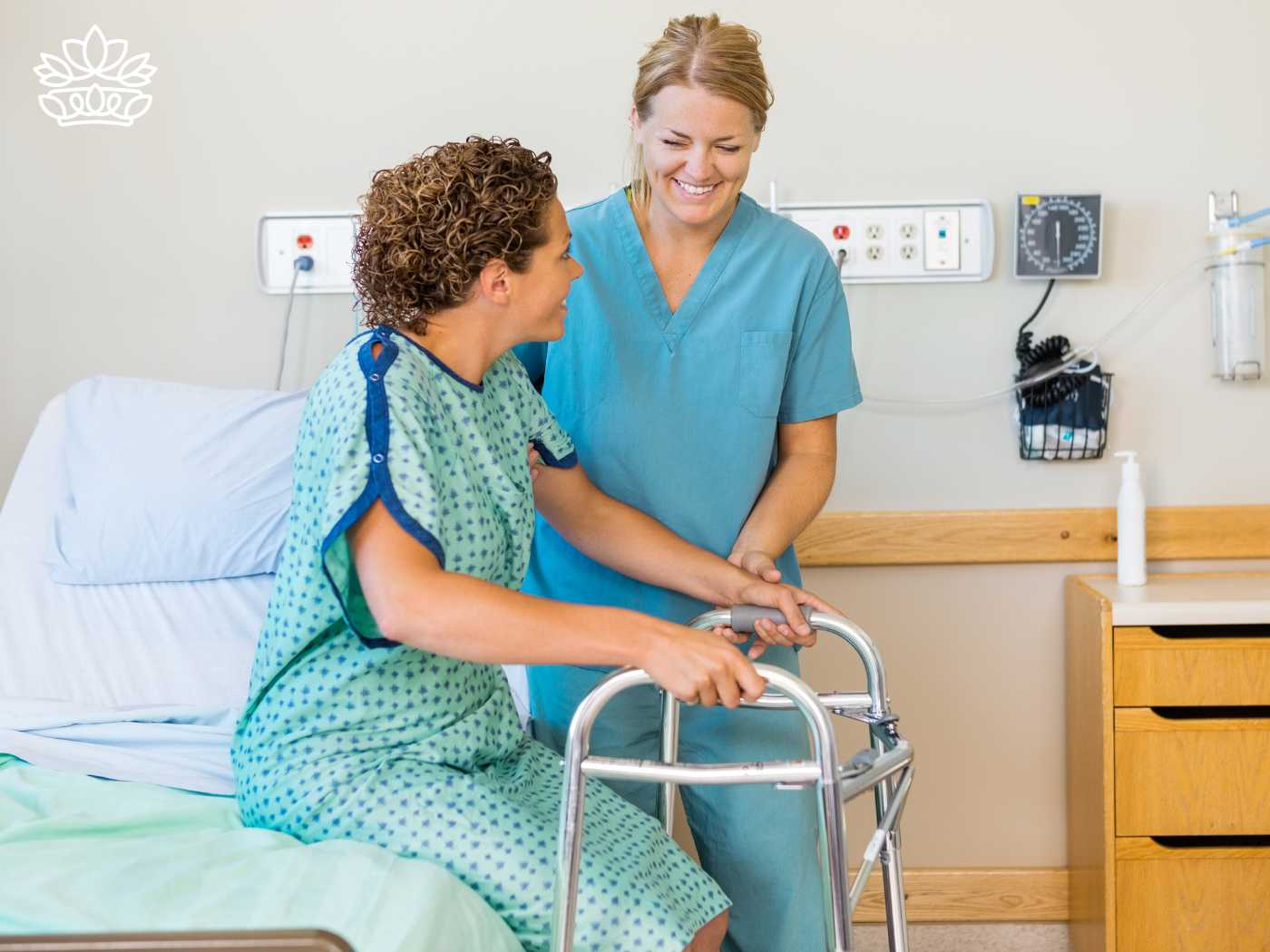 A nurse assists a patient with a walker in a private hospital room, showcasing dedicated nursing care and positive interaction. This image reflects the supportive environment and specialized information provided in private hospitals, part of the Hospital Flower and Gift Delivery Collection. Fabulous Flowers and Gifts